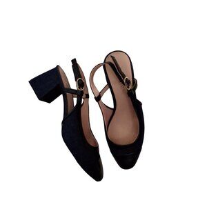 J Crew Layne cap toe heel shoes womens 7 washed denim black block heel